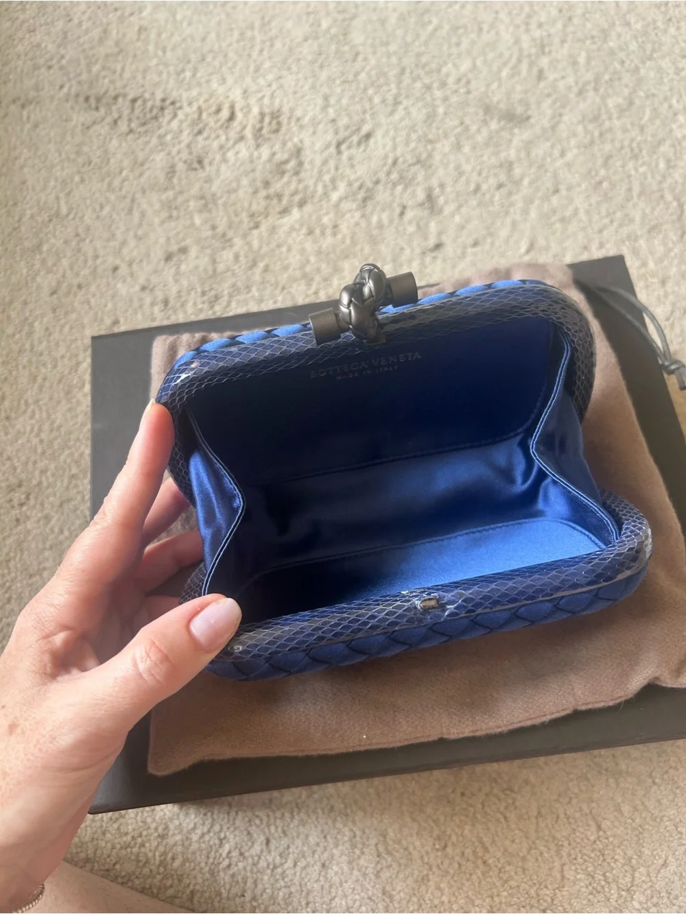 Bottega Veneta Royal Blue Intrecciato Satin Knot Clutch